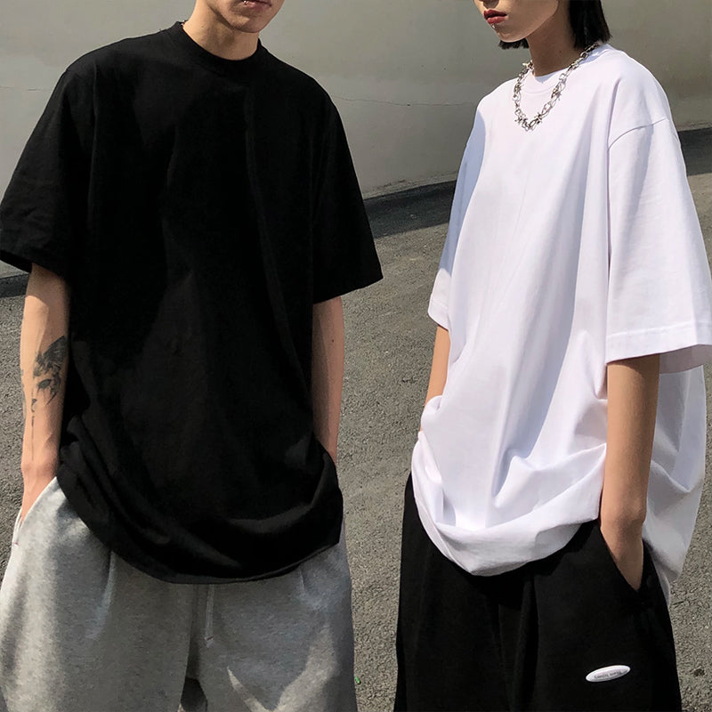 Oversized Plain Casual Round Neck T-shirt Cotton Short Sleeve