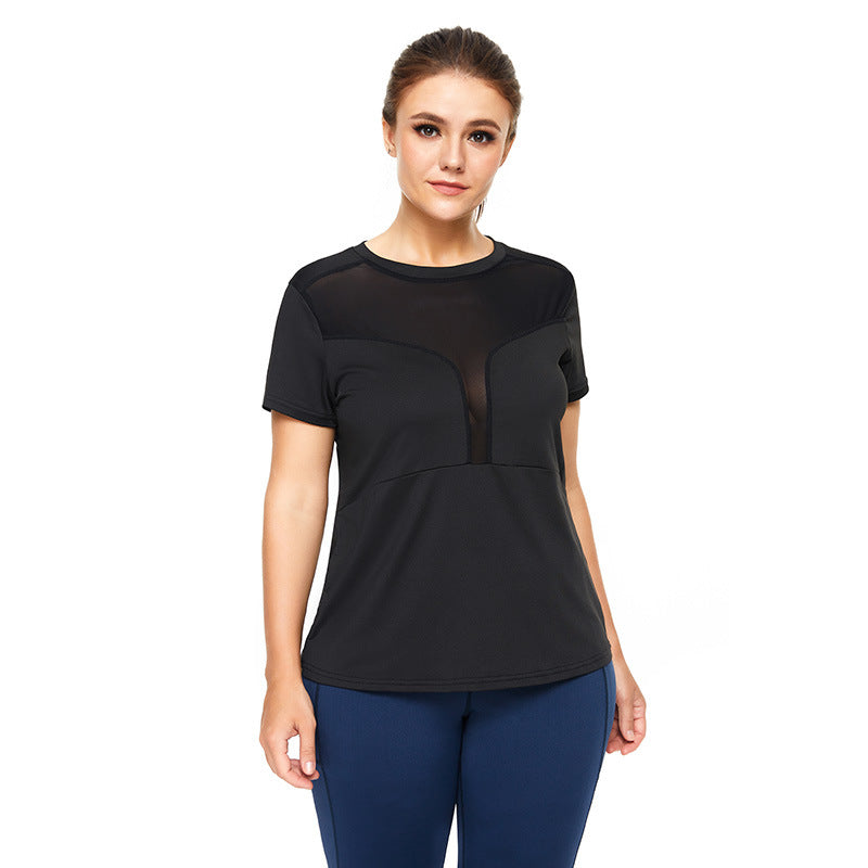 Plus Size Sports T-sleeve Women Sexy Mesh Stitching Loose Fitness Short Shirt