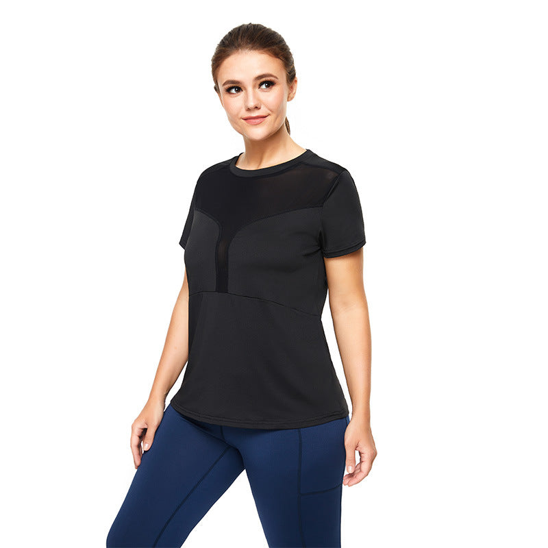 Plus Size Sports T-sleeve Women Sexy Mesh Stitching Loose Fitness Short Shirt
