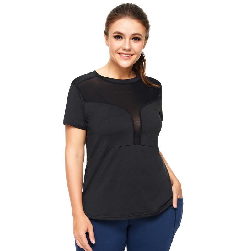 Plus Size Sports T-Shirt for Women - Sexy Mesh Stitching Loose Fitness Short Sleeve
