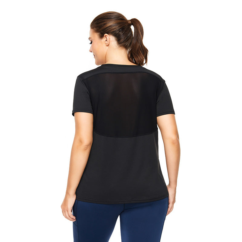 Plus Size Sports T-sleeve Women Sexy Mesh Stitching Loose Fitness Short Shirt