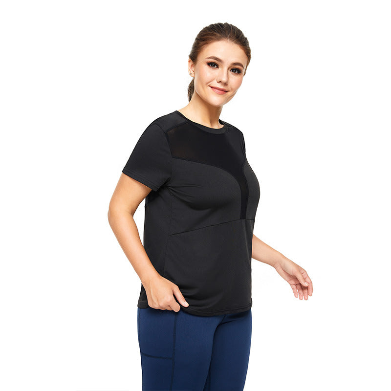 Plus Size Sports T-sleeve Women Sexy Mesh Stitching Loose Fitness Short Shirt