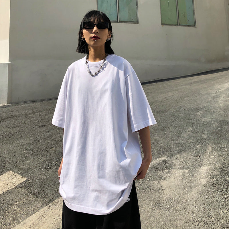 Oversized Plain Casual Round Neck T-shirt Cotton Short Sleeve